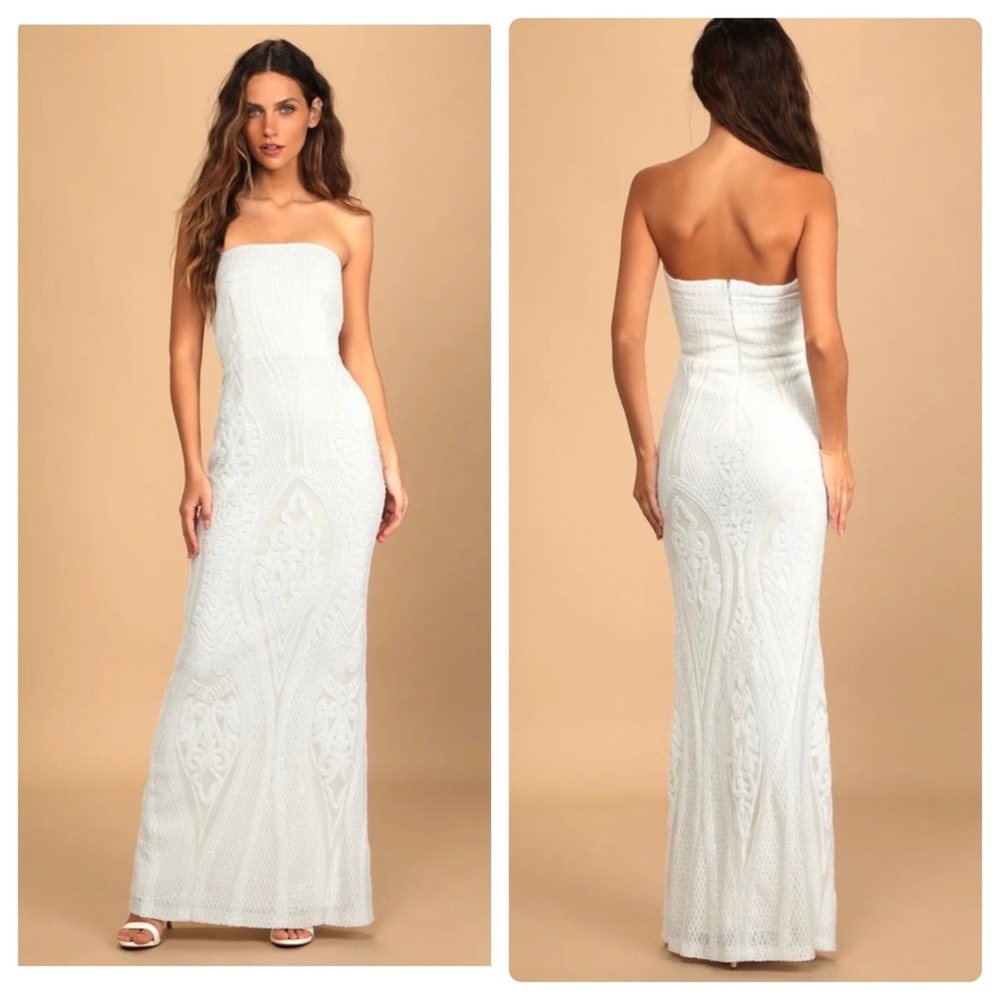Lulus Bridal Magnificent Love White Sequin Strapless Maxi Dress